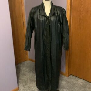 J.F.S.  Signature Leather Long Coat, Size Medium. Black